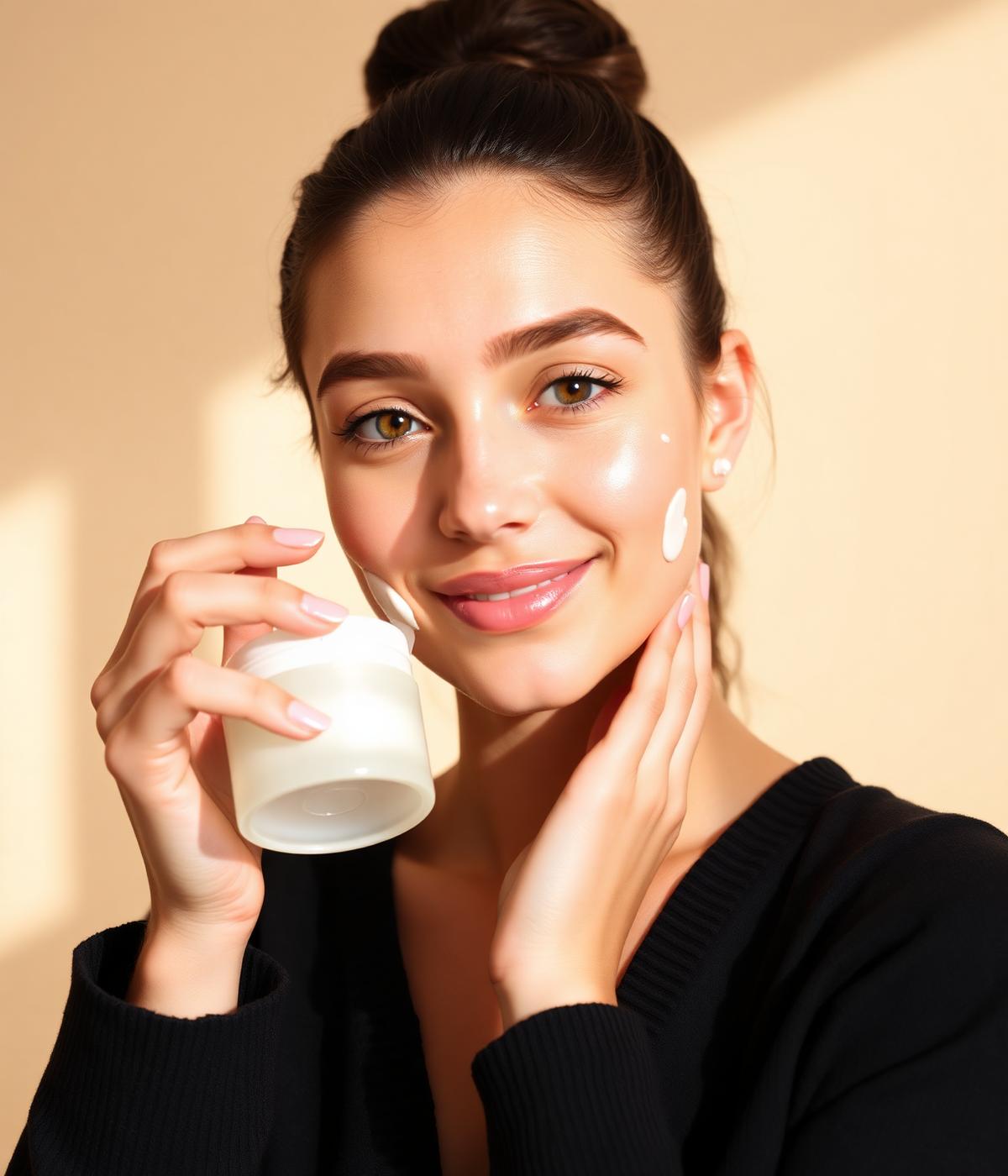 Mulher com pele saudável e luminosa aplicando skincare